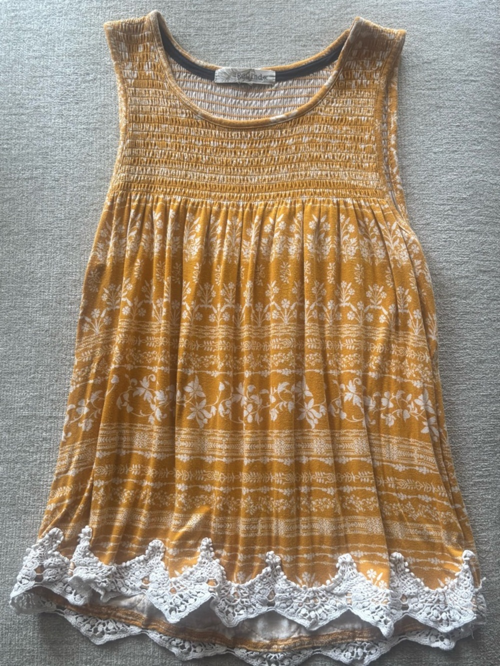 Rewind Mustard Boho Floral Smocked Tank | Lace Hem Babydoll Top | Size Small